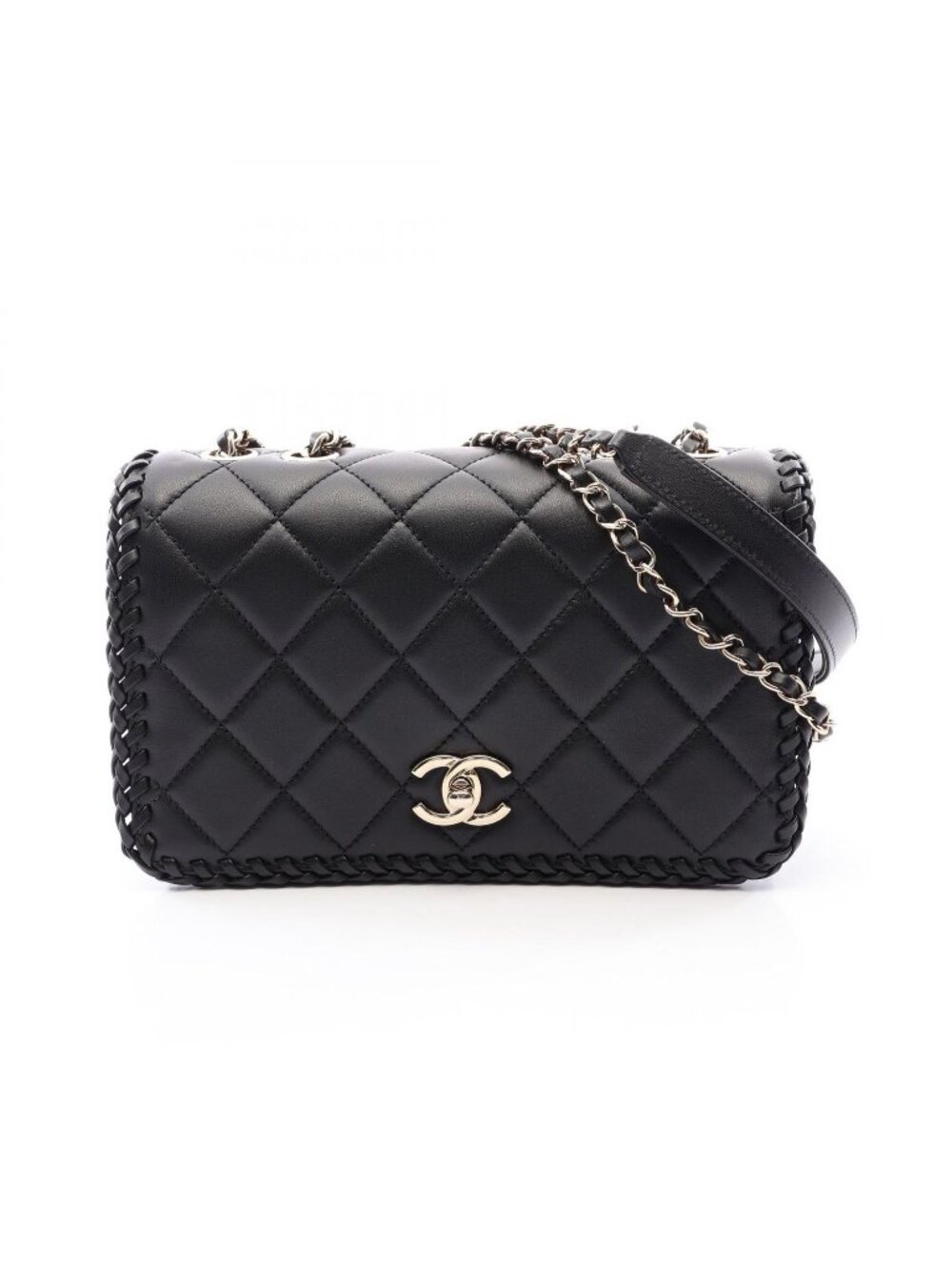 Chanel Shoulder Bag Quilted Full Flap Black Lambskin Chain